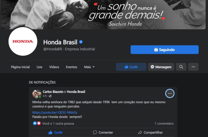 Projeto recebe elogio no Facebook oficial da Honda do Brasil